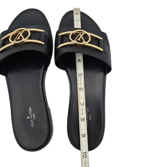 Louis Vuitton Lock It Flat Slide Sandal Black Leather Gold LV Logo Size 38 US 8 - Picture 9 of 12